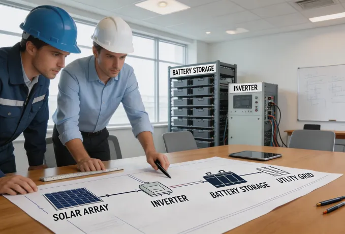 Engineers reviewing renewable energy diagrams